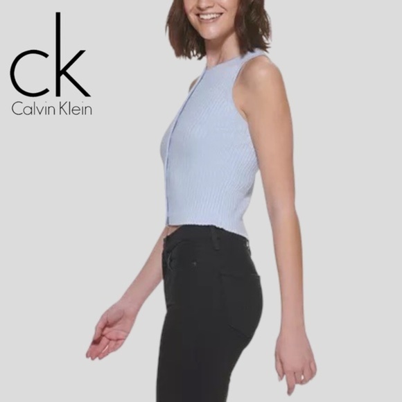 CALVIN KLEIN Ribbed Button-Down Sleeveless Top NWT/Light Blue/XL - Picture 3 of 10